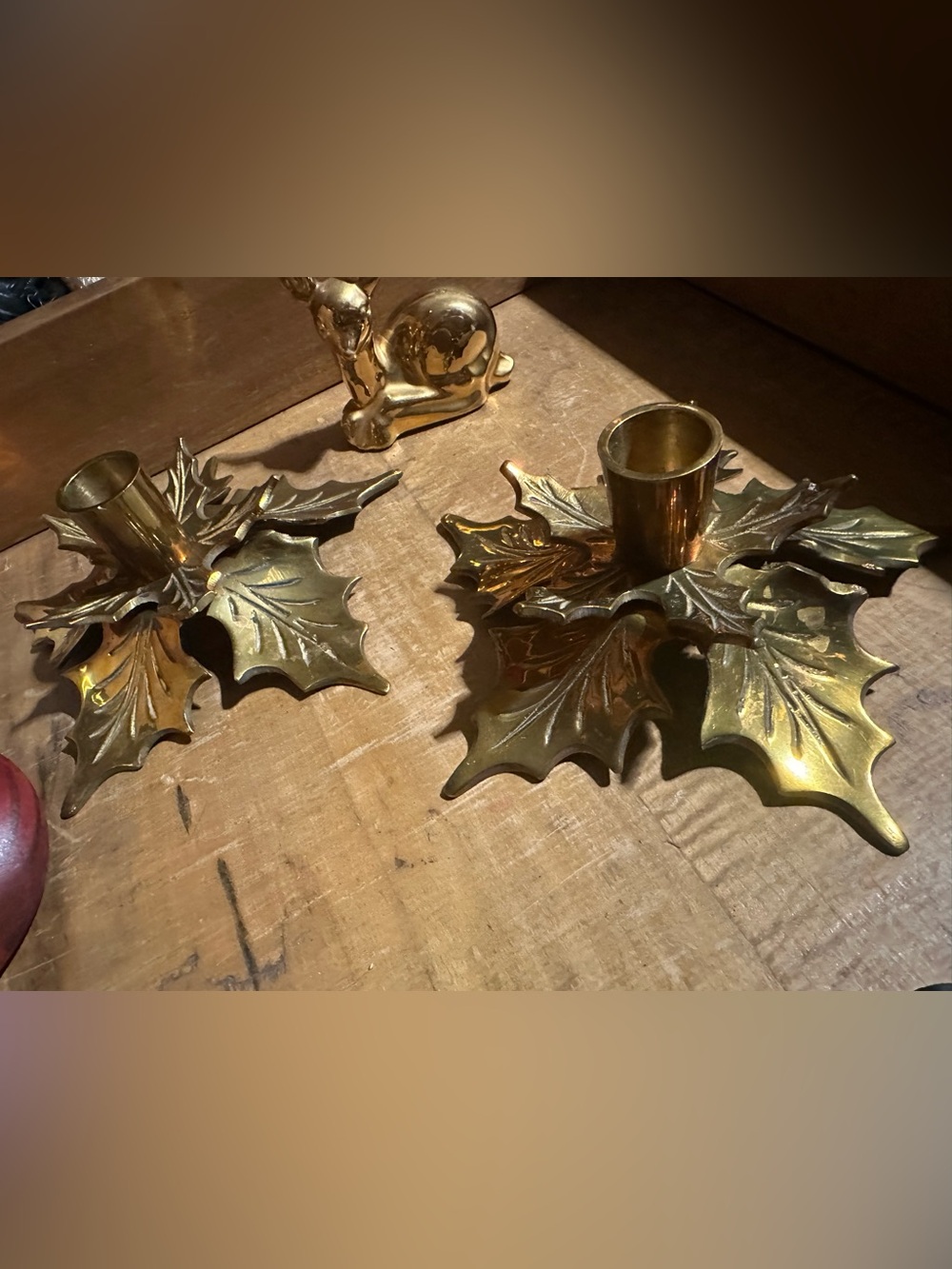 Vintage Brass Holly Leaf Candle Holders - Gold Decorative Set